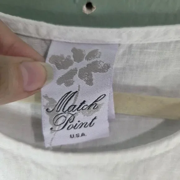 Match Point Womens White Round Neck Short Sleeve Linen Top Lightweight Summer - Picture 3 of 4